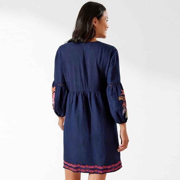 Tommy Bahama St. Lucia Linen-Blend Eyelet Lace Coverup Boho Dress Blue-Large - Picture 2 of 9